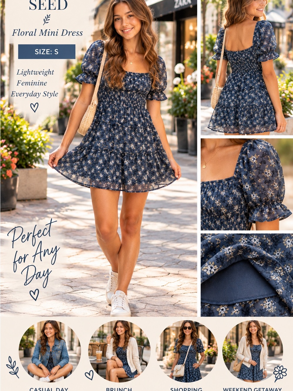 Altar’d State Navy Floral Puff Sleeve Smocked Mini Dress Size Small